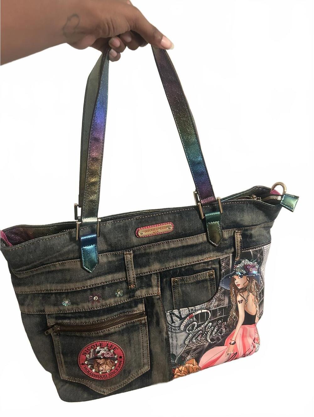 Nicole Lee Denim Tote Bag with Colorful Handles and Artistic Design